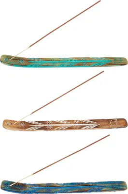 Image de set de 3 porte-encens en bois de manguier Ashot 26cm de long multicolore | Porte-encens asiatique fait main | Support pour bâtonnets d'encens comme accessoires pour fumeurs & déco asiatique