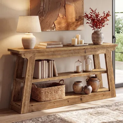 Image de Table console, table basse de 160 cm avec espace de rangement, table d'appoint en bois massif, avec 3 niveaux de rangement, table d'entrée de style rustique pour couloir ou salon