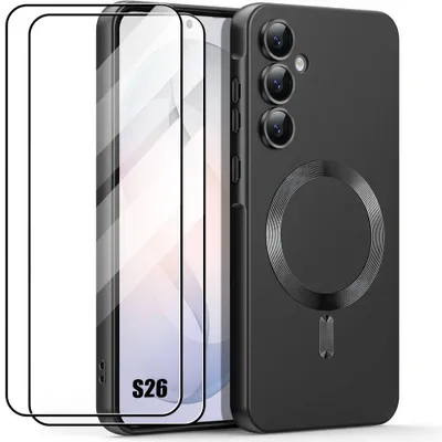 Image de Coque + 2 Verres Trempés pour Samsung Galaxy S26, Protection Silicone Anti-Rayures Antichoc avec Cercle Magnétique Noir