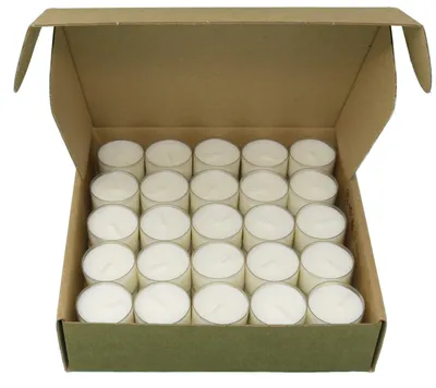 Zdjęcie produktu dla Świeczki typu tealight, wosk rzepakowy w przezroczystym kubku, czas palenia 4 lub 8 godzin, bezzapachowe, do