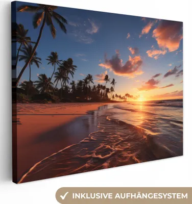 Produktbild von MuchoWow® - Leinwandbilder - Sonnenuntergang - Meer - Horizont - Strand - Palmen, Wandbild, Wanddeko Bilder Wohnzimmer, 40x30 cm