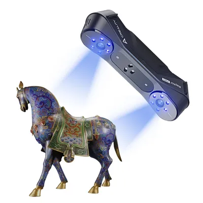 A 3D scanner is shown scanning a decorative horse statue.