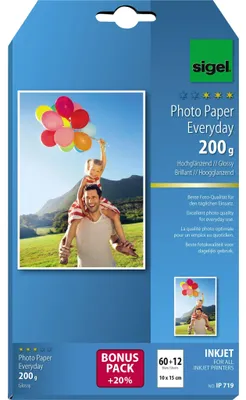 Produktbild von SIGEL IP719 Inkjet Fotopapier Everyday, hochglänzend, 200 g/m², 10x15 cm, 72 Blatt