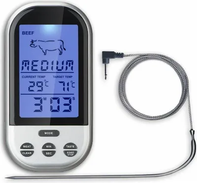 A digital meat thermometer with a probe and cable, displayed against a white background.