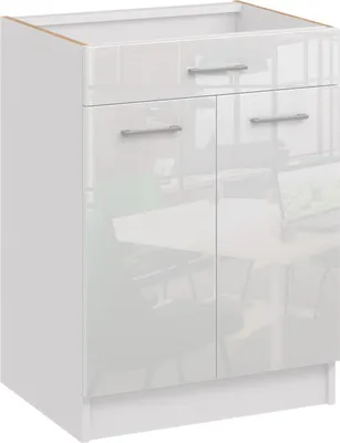 A white kitchen base cabinet with a drawer and two doors.