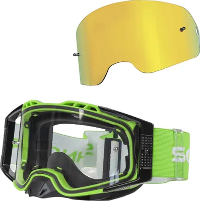Produktbild von Schnorr MX Pro Grün - Motocross Brille | Transparentes Glas (S0), Anti-Fog, Tear-Off/Roll-Off mit Wechselglass verspiegelt Gold