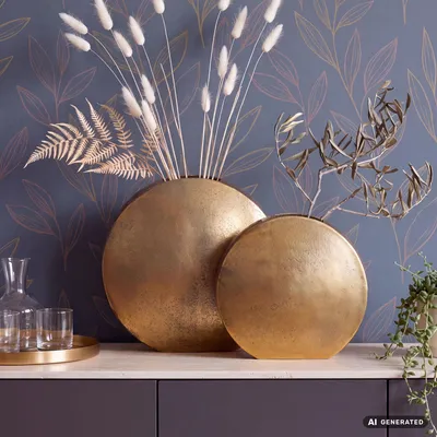 Image de Lot de 2 vases décoratifs FineBuy en aluminium doré - Vases à fleurs modernes, ronds, 2 pièces, pour fleurs - Vases de table en aluminium - Décoration d'intérieur - Décoration de table en métal - Fabriqués à la main, Image générée par une IA