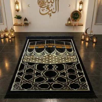 Immagine prodotto di Tappeto da preghiera con motivo Kaaba in nero - qualità lusso, vellutato, facile da pulire, 70 x 115 cm Dimensioni - 70 x 115 cm