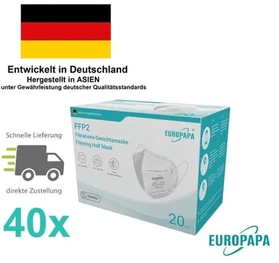 Produktbild von EUROPAPA 40x FFP2 Atemschutzmaske – 5-Lagen Partikelfiltermaske, EN149:2001+A1:2009 , Hygienisch Einzelverpackt – Komfortabler Staubschutz