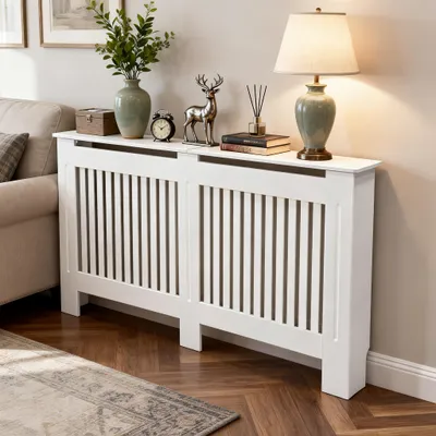 Image de FATIVO Habillage de radiateur 152 x 19 x 92 cm - Habillage de radiateur haut, blanc, en MDF épais, à lamelles verticales