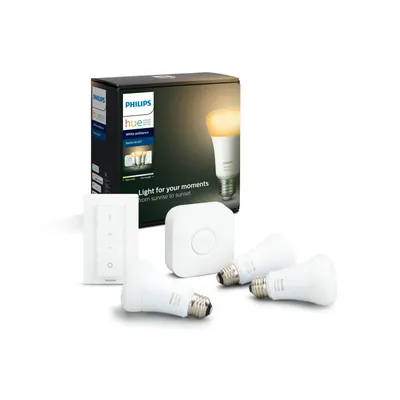 Produktbild von Philips Hue White ambience Starter-Set: 3 smarte Lampen E27 (800) + Dimmschalter, Set für intelligente Beleuchtung, Bluetooth/Zigbee, Weiß, LED, E27, A60