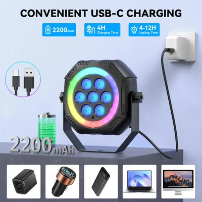 Zdjęcie produktu dla Miniaturowe reflektory LED do sceny - Lampy PAR zasilane akumulatorowo - Zestaw 2 sztuk - RGB - DMX - 15 W - Wtyczka EU