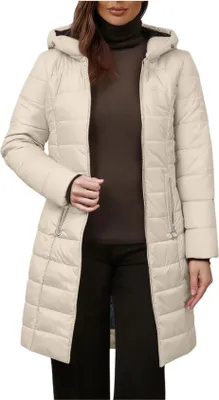 Produktbild von ASKSA Damen Wintermantel Warm Gefuettert Steppjacke Lang Winterparka Winter Fleece Jacke Winddicht Outdoorjacke mit Kapuze (Apricot,L)