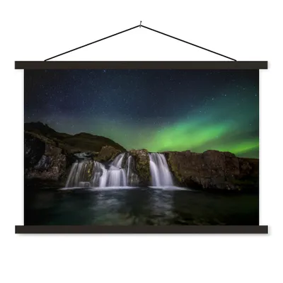 Produktbild von MuchoWow® Textilposter Nordlicht - Wasserfall - Island - Natur 60x40 cm mit schwarzem Rahmen - Hölzernes