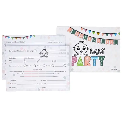 Produktbild von Babyparty Spiele Babyshower deutsch - Ratespiel-Karten zum ausfüllen | Für Baby-Shower Party oder während der Schwangerschaft | Orakel Wunschkarten Set für Mädchen und Junge