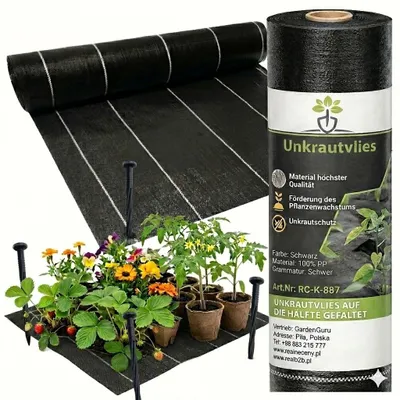 Produktbild von Unkrautvlies 70 g/m², 1,6 x 100 m, Unkrautfolie Bodengewebe reißfestes Gartenvlies, wasserdurchlässig, Mulchfolie für Garten + 15 Befestigungsanker