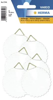 Produktbild von HERMA 5749 Bildaufhänger zum kleben, groß (Ø 45 mm, 6 Stück, Papier mit Leinenstruktur) selbstklebend, wasserlöslich gummiert, Tragkraft 1.200 g, weiß
