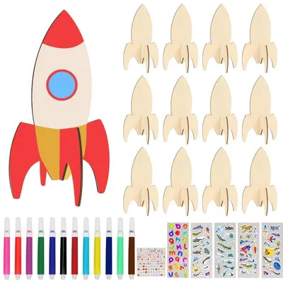Obrázek produktu pro Dřevěná stavebnice raket, 12 kusů, k malování a tvoření. DIY 3D puzzle pro děti