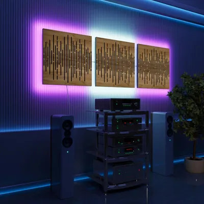 Obrázek produktu pro Sada 3 ks akustických nástěnných panelů s LED a RGB podsvícením pro Echo Control | Zvukově izolační panely s podsvícením | 3x WAVE – samostatně | dub