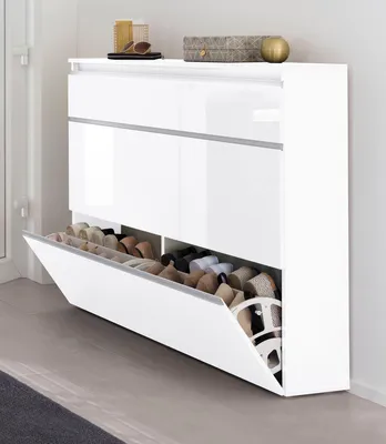 Produktbild von Schuhschrank Flurschrank Schuhkommode Schuhkipper Schuhständer Flur "Magione II" Weiß Hochglanz