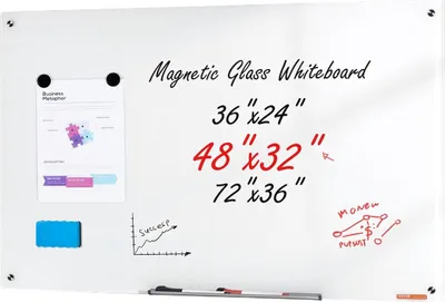 Produktbild von Magnetische Glas-Whiteboard, Trockenlöschbare Tafel 1200 x 800 mm, Wandmontierte große weiße Glastafel ohne Rahmen, mit Markerablage, einem Radiergummi und 2 Markern, weiß