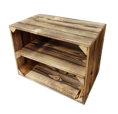 A wooden crate with two shelves, presented against a white background.