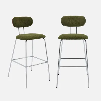 Produktbild von sweeek - 2er-Set Barhocker nussbaumfarbenes Holzdekor, wasserabweisender Stoff und verchromte Metallbeine - Khaki