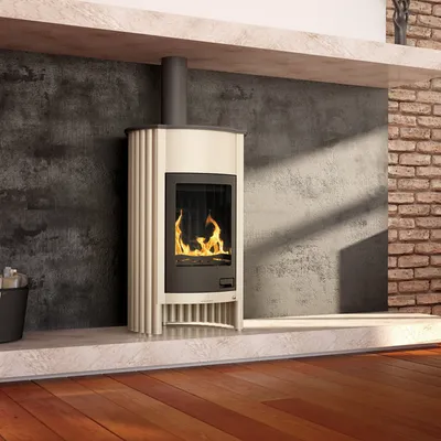 A modern living room with a fireplace.