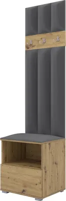 Obrázek produktu pro Šatní sestava Nela IV LUX, čalouněná skříň 50 cm s lavicí, nástěnnými panely a úložným prostorem (barva: dub Artisan + Trinity 15)