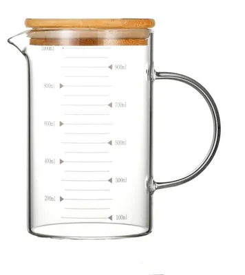 Produktbild von Messbecher Glas 1l Borosilikatglas mit Bambusdeckel Mikrowellengeeignet