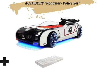 Produktbild von Autobett Kinderbett "Roadster Police" LED Sound Sportsitze Lattenrost Spoiler 90x190 cm inkl. Matratze