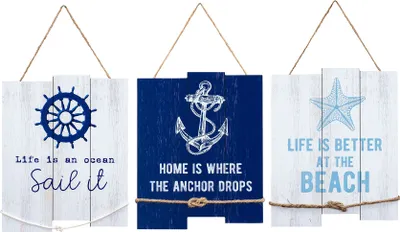 Produktbild von 3er Set Wandschild H35cm Blau Weiß Holzschild Beach Strand Wanddeko Wandbild Anker Sommer