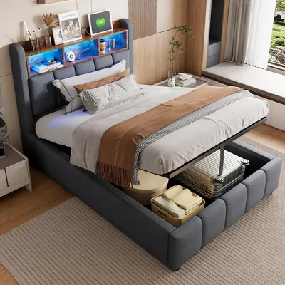 Image de OKWISH Lit Coffre Simple 90x200 cm Ado Capitonné avec LED et Port USB, Tête de Lit avec Rangement Hydraulique et Étageres - Gris