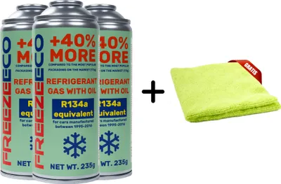 Produktbild von FreezeEco 3x 2-in-1-Ersatzkältemittel R134a für Klimaanlagen mit Öl und Dichtmittel + Mikrofaserkit