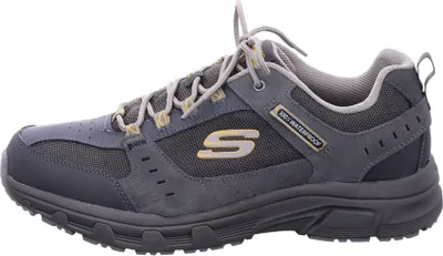 A side view of a single men's shoe.