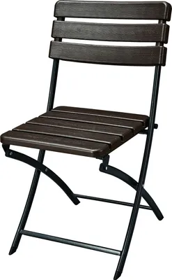 A single brown folding chair with black metal legs against a white background.