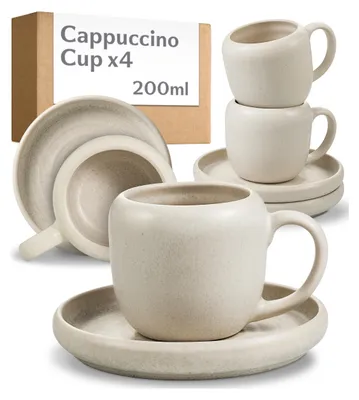 Produktbild von Cosumy 4er Cappuccino Tassen Set mit Untertassen Weiß – 200 ml Keramik Cappuccinotassen Set– Hält lange warm dank dickwandigem Steingut – Elegante Kaf