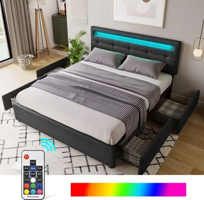 A bed with LED lighting and storage drawers, shown in a bedroom setting.