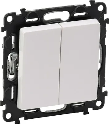 A close-up, front-facing view of a white double light switch mounted on a black frame.