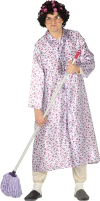 A person dressed in a costume is holding a mop.