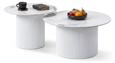 Produktbild von HOOZ® Couchtisch Keramik Marmor Optik rund 2er Set – zusammenschiebbar – Satztisch mit Trommel Gestell für Wohnzimmer klassisch Weiß 80 & 60 cm