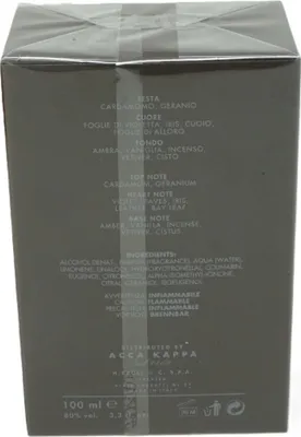 The image shows the side of a dark gray perfume box with white text detailing the fragrance notes and ingredients.