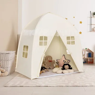 Produktbild von Dreamade Prinzessin Schlosszelt, geräumiges Spielzelt für Jungs und Mädchen, Beige, 143x100x155 cm, mit Fenstern, Tragetasche und rutschfestem Boden, aus Baumwollleinen und Fiberglas, für drinnen und draußen