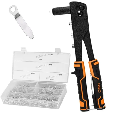 Produktbild von NEO TOOLS Nietzange Set mit 400 Aluminium Blindnieten (2.4 mm - 3.2 mm - 4.0 mm - 4.8 mm) - Robuste Blindnietenzange mit 400 Nieten - Handnietzange