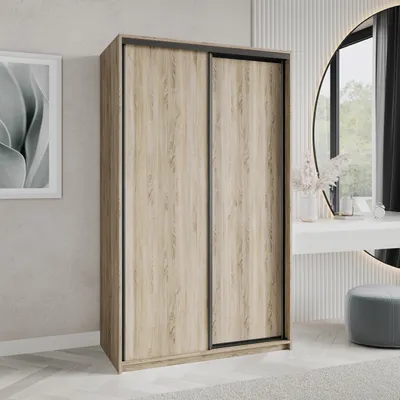 Produktbild von Masseno Schiebetürenschrank NISSE 120/205/60 cm Kleiderschrank mit Schubladen Schlafzimmer Schrank 2-türig Sonoma Eiche + Schwarz