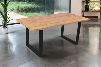 Produktbild von Esstisch Josy | 180 x 90 cm | Holz Wildeiche-Optik | U-Gestell Metall schwarz | 40 mm Tischplatte mit Baumkante | Tisch für Esszimmer & Küche