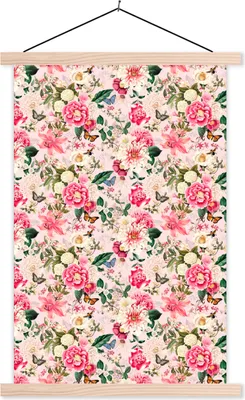 Produktbild von MuchoWow® Textilposter Blumen - Rosa - Muster 120x180 cm mit holzfarbenen Rahmen - Textil-Plakat