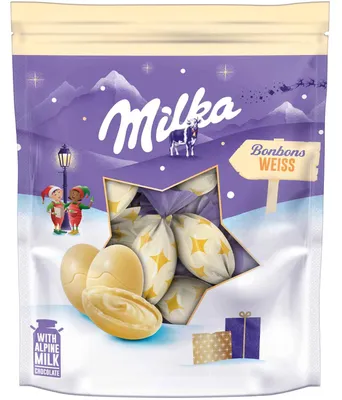 Zdjęcie produktu dla Milka Bonbons kulki z białej czekolady wypełnione białym kremem 90g