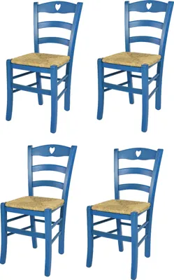 Produktbild von t m c s Tommychairs - 4er Set Stühle CUORE für Küche und Esszimmer, robuste Struktur aus Buchenholz, in Anilinfarbe Blau lackiert und Sitzfläche aus Stroh