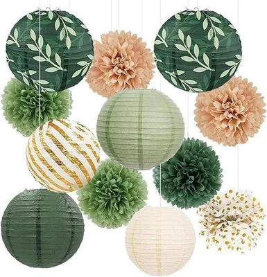 Productafbeelding van Set van 12 Ronde Groene Papieren Lantaarns - Feestdecoratie